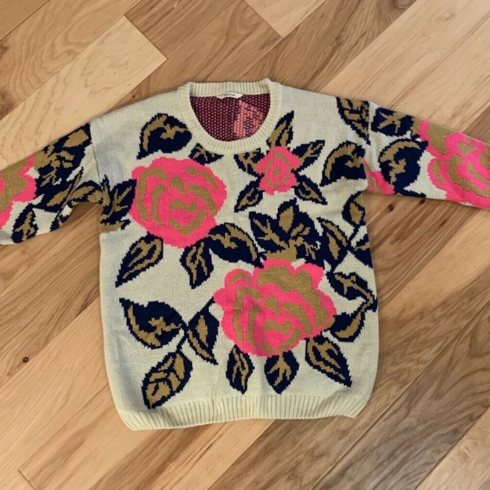 SheIn Rose Knit Sweater Beige Pink Blue Gold NWOT